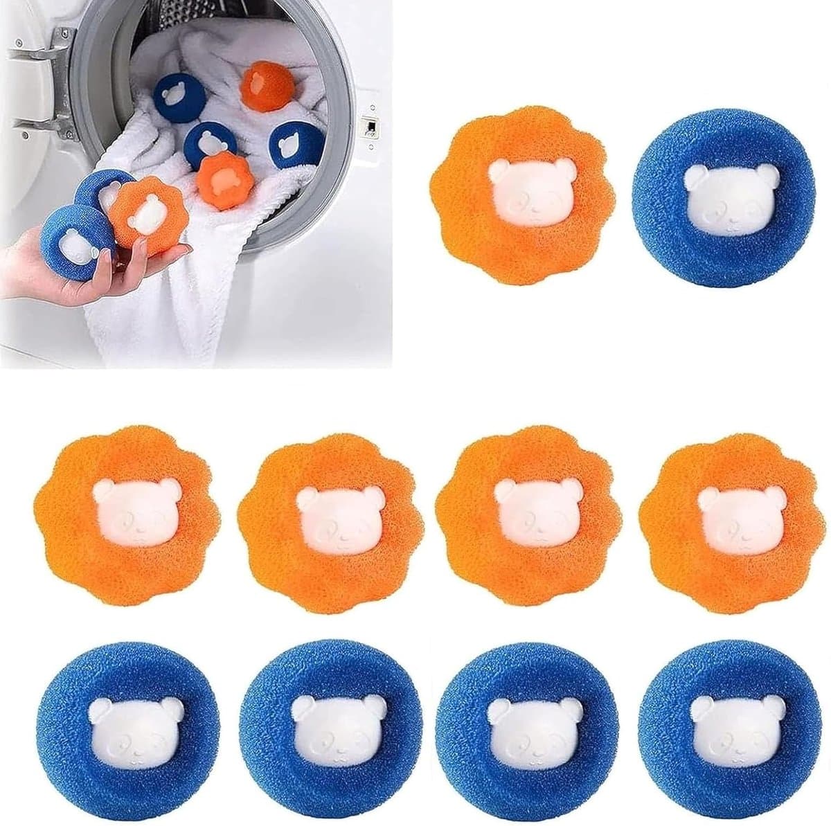 10 stuks Magische Haarverwijderingsspons - Haarabsorberende Spons voor de Was - Vlekverwijdering en Anti-Klitten Wasbal - Haarfilter - 6,5*6,5*5 cm - Voor Haarverwijdering in de Wasmachine - Oranje, Blauw — afbeelding 1