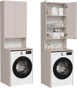 Wasmachinekast - Badkamerkast Hoge kast - Opbergen Wasruimte - Vochtafstotend Krasbestendig - 210 x 65 cm - Beige — thumbnail 1