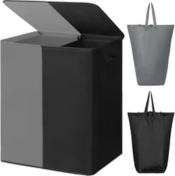 KAD® Wassorteerder - Dubbele Wasmand - Wasmand 2 Vakken - Wasmand - Grijs/Zwart - 63cm x 36cm x 68cm — thumbnail 1