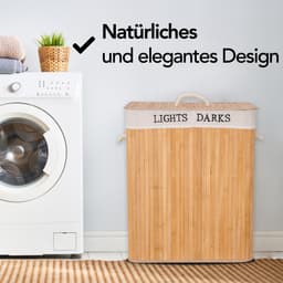 Wasmand met Deksel XL - Bamboe - 2 Vakken Was Sorter - 100L - Met Handgrepen en Wasbare Waszakken - Naturel Bruin — thumbnail 3