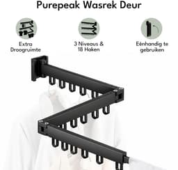 Purepeak Wasrek Deur - Droogrek Hangend - Inklapbaar - 3 Niveaus - 120 cm - 18 Haken - Waslijn Trapgat - Uittrekbaar — thumbnail 3