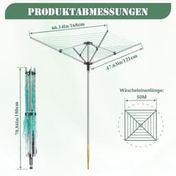 Droogmolen voor buiten - Wasdroger rek - Wassen drogen - 50 meter waslijn - 30 kg capaciteit - Grijs groen — thumbnail 3