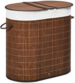 Bamboe Wasmand 100L met Deksel 62,5x37x60,5cm Bruin 2 Vakken Uitneembare Zakken Ventilatiegaten Handgrepen voor Badkamer Slaapkamer — thumbnail 1
