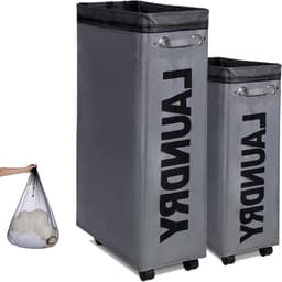 Wasmand op wielen - Opvouwbare opberger - Ruimtebesparend opbergen - Slank en hoog design - 70 Liter - Grijs — thumbnail 1