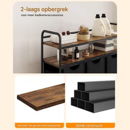 Wasmand – Voor Badkamer & Wasruimte – 3 Compartimenten (3×46L) met 2 Planken, Uitschuifbare Waszak – Zwart — thumbnail 3