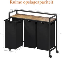 Wasmand op wielen, 95 liter, 2 compartimenten, uittrekbare wasmand met groot bovenblad, 2 uitneembare tassen en handvatten, wasmand met sorteerfunctie voor wasruimte, slaapkamer en badkamer, zwart — thumbnail 5