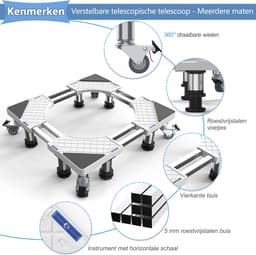 Wasmachinebasis met wielen - Onderstel wasmachine Verhoger wasmachine - Apparaten verplaatsen - Verstelbaar frame - 545-67 cm - Wit — thumbnail 4