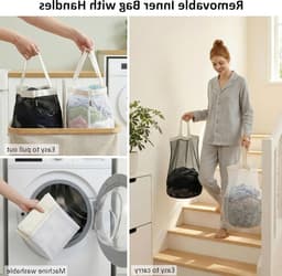 Dubbele Wasmand met Deksel en 2 Afneembare Vakken, 140 L, Ideaal voor Badkamer, Slaapkamer en Wasruimte, Beige — thumbnail 2