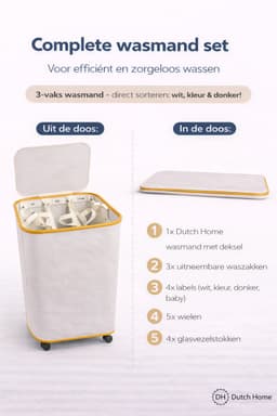 DutchHome Wasmand 3 Vakken 160L met Wielen en Deksel - Wassorteerder Beige — thumbnail 5