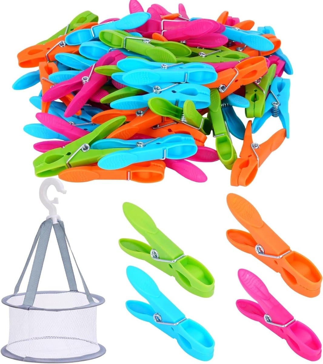 Grote Kledingknijpers Set van 60 Stuks in 4 Kleuren met Mand - Kleurige Plastic Knijpers voor Wasgoed en Papieren Handdoeken — afbeelding 1