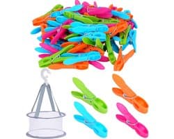 Grote Kledingknijpers Set van 60 Stuks in 4 Kleuren met Mand - Kleurige Plastic Knijpers voor Wasgoed en Papieren Handdoeken