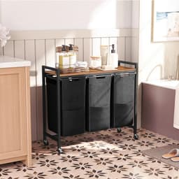 Mila Shop Wasmand - Wasmand 3 vakken - Met boven plank - Op wielen - 84x33x74cm - Zwart/bruin — thumbnail 4