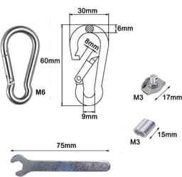 2 m draadkabel 3 mm met PVC-gecoate roestvrijstalen kabel, karabijnhaak M6, krimplus draadkabelklem en mini-schroefsleutel voor Lanyard, waslijn, tenttouwen (2 m) — thumbnail 5