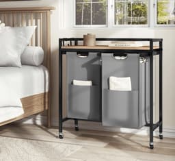 Varnox Wasmand kastje - Wasmandkastje - Tafel met wasmand - Wasmand met 2 vakken - Waszak - Wassorteerder - Wasmand tafel - Badkamerkast - Wasmand meubel - Wasmand rek - Light oak - Op wielen - Zwart metaal — thumbnail 5