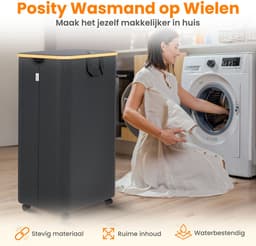 Posity Wasmand op Wielen – 100 Liter – Opvouwbaar – Wasmand Stof - Laundry Basket - Met Deksel & Handvaten - Bamboe - Incl. Waszak - Zwart — thumbnail 2
