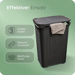 Novaliv Rotan Wasmand met Deksel 60L Zwart, Wasbox Wasemmer Wascontainer Modern voor Badkamer Wasgoed Vuile Was, Wasmanden Vuile Wascontainer Wasmand Verzamelmand Box — thumbnail 3