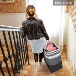Wasmanden - Wasmand opvouwbaar - wassorteerder - wasmand 2 vakken - Katoen-linnen met waterdichte coating en metalen frame - voor veelzijdige opslagdoeleinden - met 4 opvouwbare kledinghangers - Verlengde handvatten — thumbnail 4