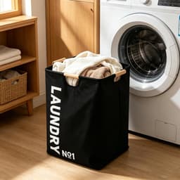 Wasmand, zwart, 50 x 40 x 30 cm, opvouwbaar en waterdicht, van Oxford-stof met houten handgrepen, grote capaciteit, elegante wasmand voor badkamer, slaapkamer en huis — thumbnail 3