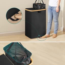 Wasmand Wasgoedverdeler 52 x 38,5 x 75 cm Zwart Grote inhoud van 150 liter Ontwerp met 2 vakken Met deksel en 2 afneembare binnenzakken Waterafstotend en gemakkelijk te reinigen Stevige en stabiele constructie Geschikt voor slaapkamer en woonkamer — thumbnail 4
