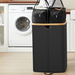 Wasmand Grote inhoud van 150 liter 2 afzonderlijke vakken+2 afneembare binnenzakken Met deksel tegen geurtjes Eenvoudig te monteren en reinigen Stevige en stabiele constructie Geschikt voor het opbergen van wasgoed in huis 52 x 38,5 x 75 cm Zwart — thumbnail 4