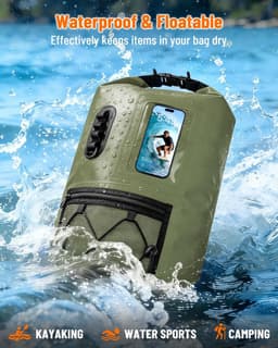 Dry Bag Rugzak 20L/30L, Waterdichte Zakken met Telefoon Dry Bag, Drijvende Strandtas Natte Zakken voor Zwemmen, Camping, Varen, Kajakken, Vissen, Olijfgroen, 30 L, Droge Zak — thumbnail 4