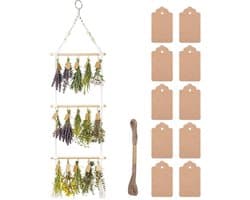 Droogrek - Naturel - 3 Etages - Handgeweven Kruiden- en Bloemendroger met Cadeauhangers - Voor Keuken en Tuin