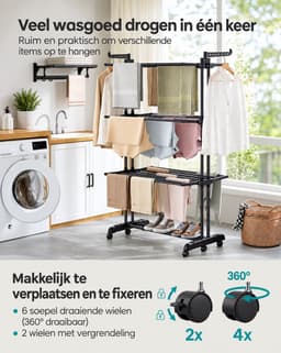 Veya Wasrek Zwart - Droogmolen - Inklapbaar - Staand - Toren - 4 niveaus - 14 ophangopeningen - 6 zwenkwielen -41kg draagvermogen — thumbnail 2