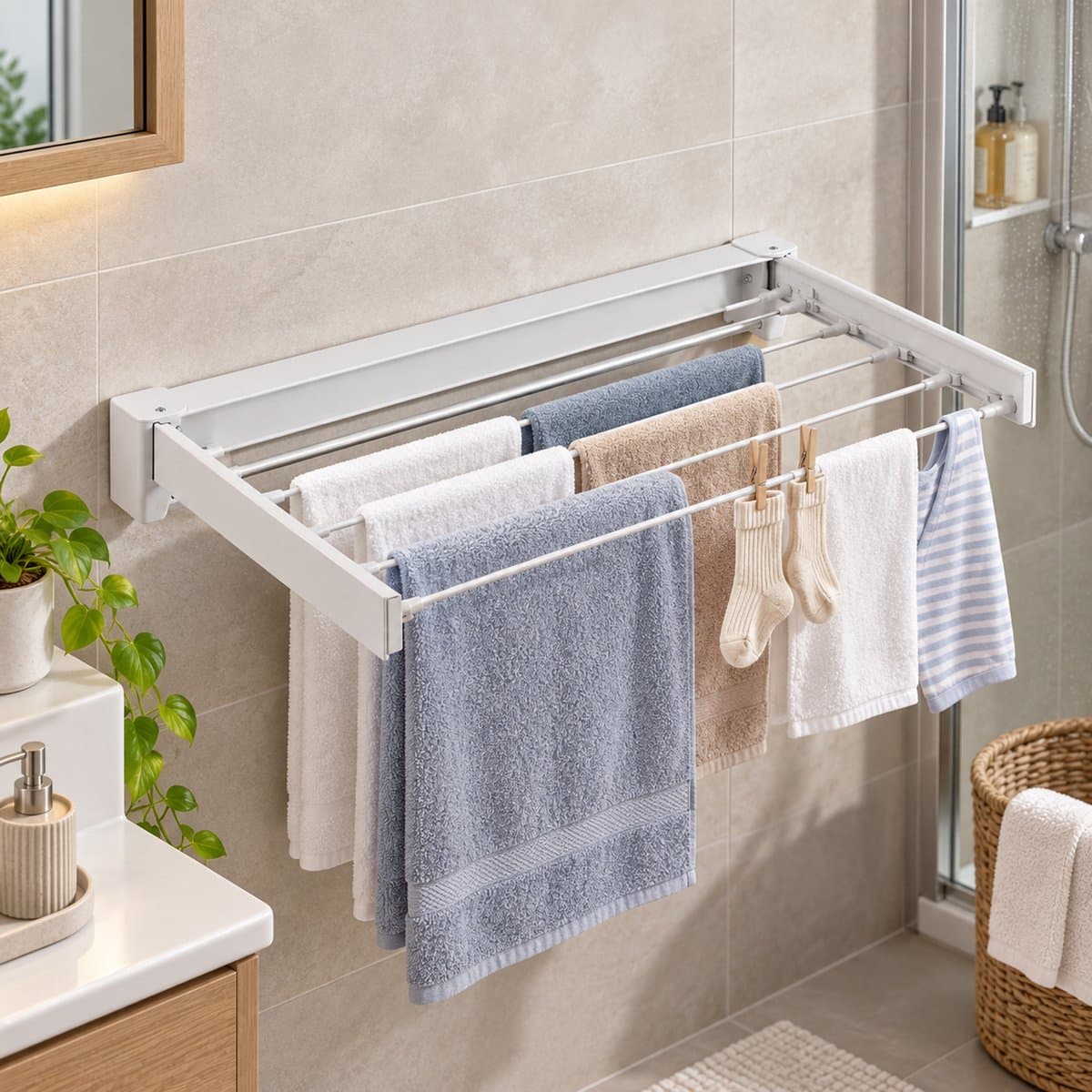CHICFURN Wandgemonteerd Droogrek, opvouwbaar wasrek met droogrek en kledingstang, 90° inklapbaar ontwerp, ruimtebesparend voor balkon, badkamer en kleine appartementen, met beweegbare haken en montageaccessoires — afbeelding 1