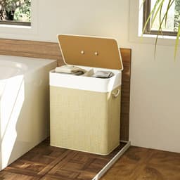 HOMCOM wasmand van bamboe met handgrepen - Wassorteerder - Wasgoedmand 100 liter - Crèmewit — thumbnail 3