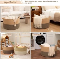 90L XXXL Dekenmand voor de Woonkamer – 55 X 35 CM Wasmand Van Gevlochten Katoentouw – Opbergmand met Handvat voor Speelgoed, Dekens en Wasgoed – Decoratieve Opbergmand (Zwartbruin en kaki) — thumbnail 5