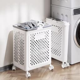 Vouwbare Wasmand met Wielen en Handvat - Stevige, Ventilerende en Sneldrogende Opbergmand voor Badkamer en Slaapkamer — thumbnail 4