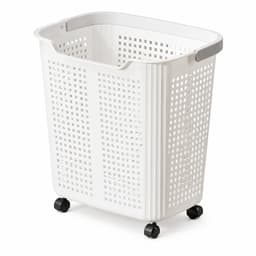 Grote witte wasmand op wielen, 36 x 26 x 33,5 cm, opengewerkte wanden en twee handgrepen, voor wasgoed en speelgoed — thumbnail 1