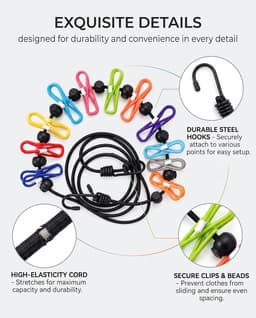 Wasband voor camping en reizen, 1,8-3 m uittrekkbaar met 12 clips, elastische camping wasband, winddicht zonder boren voor tent, caravan en balkon — thumbnail 2