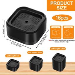 Verstelbare Wasmachine Voeten, 16 Stuks, Stapelbare Meubelverhogers met Antislip Rubber Basis voor Wasmachines, Bedden en Banken, Zwart en Vierkant — thumbnail 5