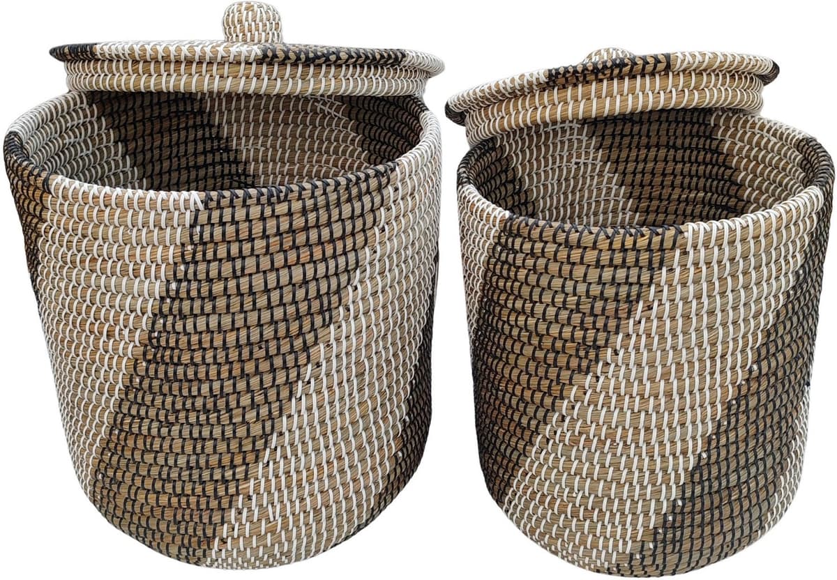 Wasmand met deksel – zeegras – set van 2 – 40 en 65 l – naturel zwart wit — afbeelding 1