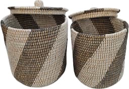 Wasmand met deksel – zeegras – set van 2 – 40 en 65 l – naturel zwart wit — thumbnail 1