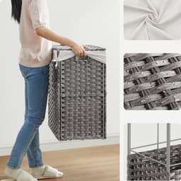 Wasmand 66 x 33 x 60 cm, Vuile Wasmand met Deksel, 3 Compartimenten, Wasgoedmand met Uitneembare Waszak, Wielen en Handgrepen, Wasmand Rietstijl, Kleding Sorteren, Wasmand voor Badkamer, Wasruimte en Woonkamer, PP-Riet, Metalen Frame, Grijs — thumbnail 3