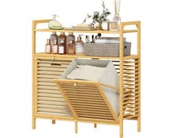 laundry basket with 2 compartments each 41 L made of bamboo 82 x 13 x 88 cm natural | 2 shelves - laundry rack with handles