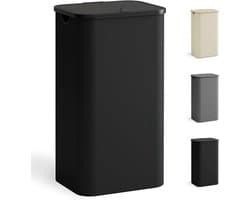 PolkaHome Opvouwbare Wasmand met Deksel 100L - Smal & Ruimtebesparend met Bamboe Handgrepen - Zwart