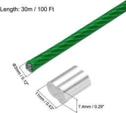 - Kabel - 30 m - Voor het ophangen van lampen en decoraties - Groen - Geschikt voor tuin en feesten - Inclusief 10 aluminium sleeves — thumbnail 2