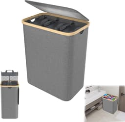 Wasmand 140 l met deksel 3 delen - uitneembare netwassorteerder waszak waszak wasmand met handgrepen voor handdoeken, kleding, speelgoed — thumbnail 1