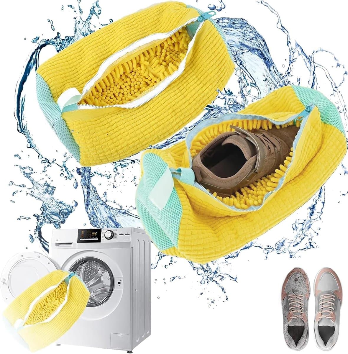 2 Stuks Schoenwaszak, Schoenwaszak voor Wasmachine Upgrade met 360° Reiniging en Ritssluiting, Schoenenwaszakken Herbruikbaar, Waszakken voor Schoenen, Wassen tas Sneakers, 39x19cm(Geel) — afbeelding 1