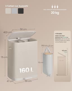 SONGMICS LCB832L101 Wasmand 160 L, Wasmand, 2 compartimenten, Wasgoedsorteerder met deksel, Handvatten, Uitneembare binnentas, Eenvoudige montage, Wasruimte, Pedaal, 56 x 47 x 75 cm, Cappuccino Beige — thumbnail 2
