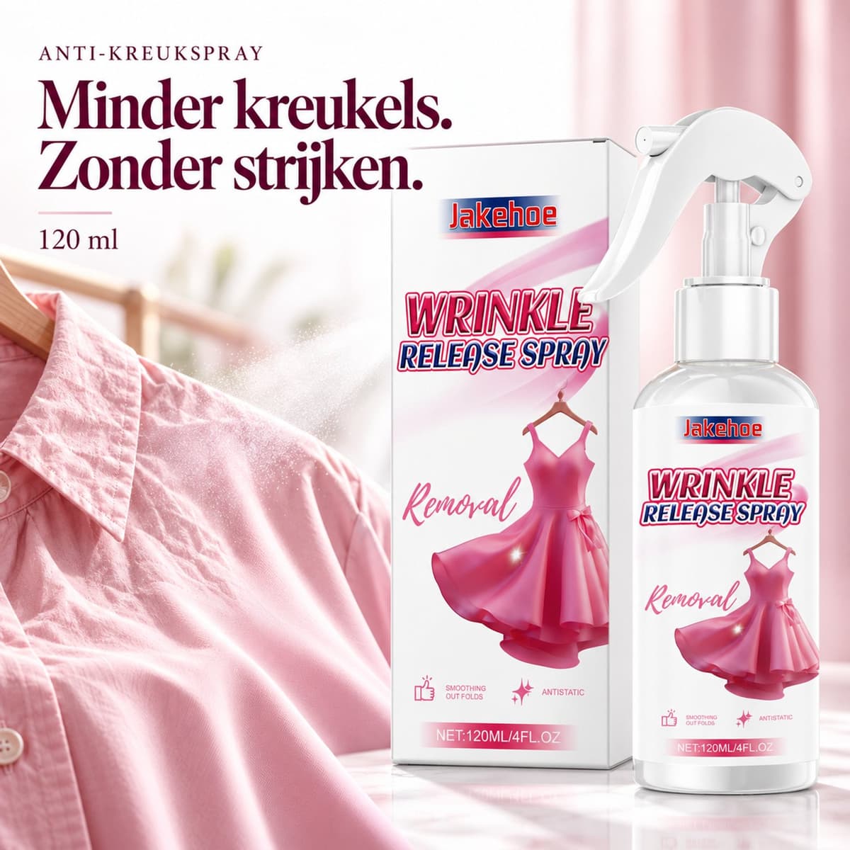 Jakehoe Kreukelspray Kleding 120 ml – Anti Kreuk Spray – Wrinkle Releaser – Strijkspray Zonder Strijkijzer – Kledingverfrisser & Textielspray – Antistatisch – Voor Shirts Jurken Broeken en Reizen — afbeelding 1
