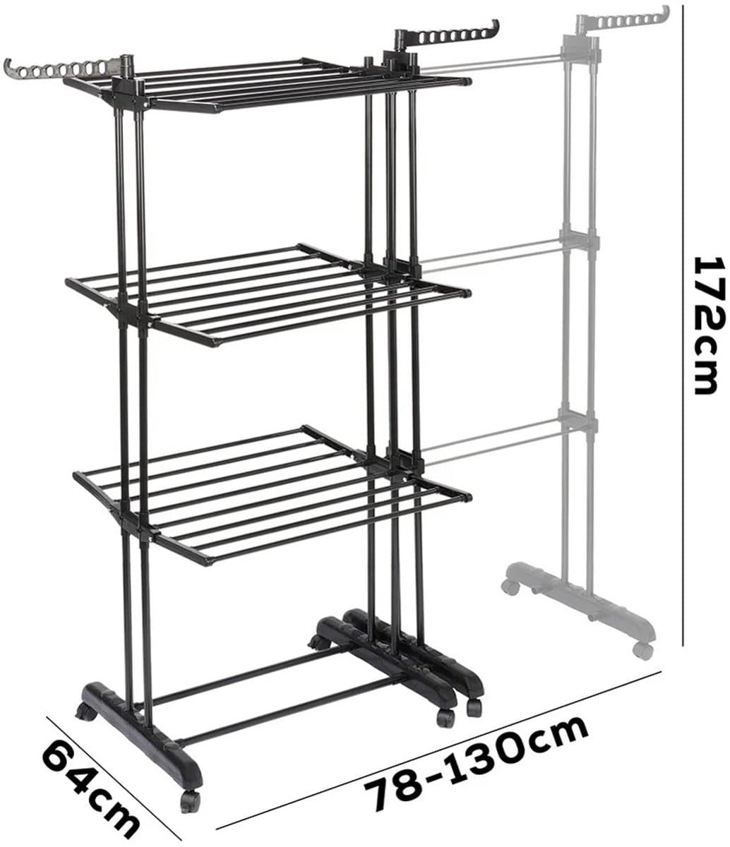 G&G wasrek - Droogrek - Droogrekken - Droogtoren - XXL - Inklapbaar - Staand - Met wieltjes - Laadvermogen 35kg - Tot 182cm - Zwart — afbeelding 1