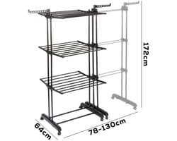 G&G wasrek - Droogrek - Droogrekken - Droogtoren - XXL - Inklapbaar - Staand - Met wieltjes - Laadvermogen 35kg - Tot 182cm - Zwart