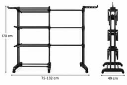 Bliss & Beyond Droogrek - Droogtoren - Wasrek - 170cm hoog - 3 laags - Verstelbare breedte 75-132cm - Ruimtebesparend - Zwart — thumbnail 4