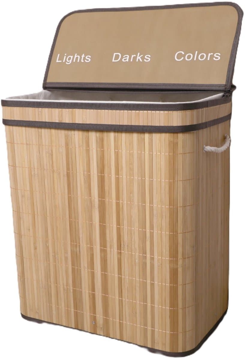 Ceruzo Wasmand 3 Vakken – Bamboe Wassorteerder 100L – Wasbare Binnenzak – H60 cm – Naturel — afbeelding 1