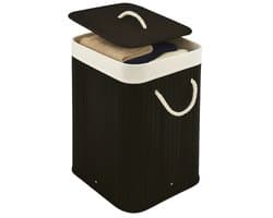 Lomera Bamboe Wasmand - Wasmand Met Deksel - Opvouwbare Wasmand - 72 Liter Capaciteit - Zwart Bamboe - Draaghengsels - Uitneembare Zak - Wasbare Binnenzak - Verstevigde Metalen Ring