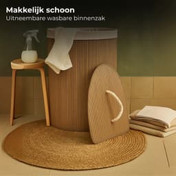 Lomera Bamboe Wasmand - Hoekmodel Wasmand - 72 Liter Capaciteit - Opvouwbare Wasmand - Naturel Kleur - Met Deksel - Waszak Inbegrepen - Verstevigde Metalen Ring - Uitneembare Zak - Wasbare Binnenzak - Driehoekig Ontwerp — thumbnail 4